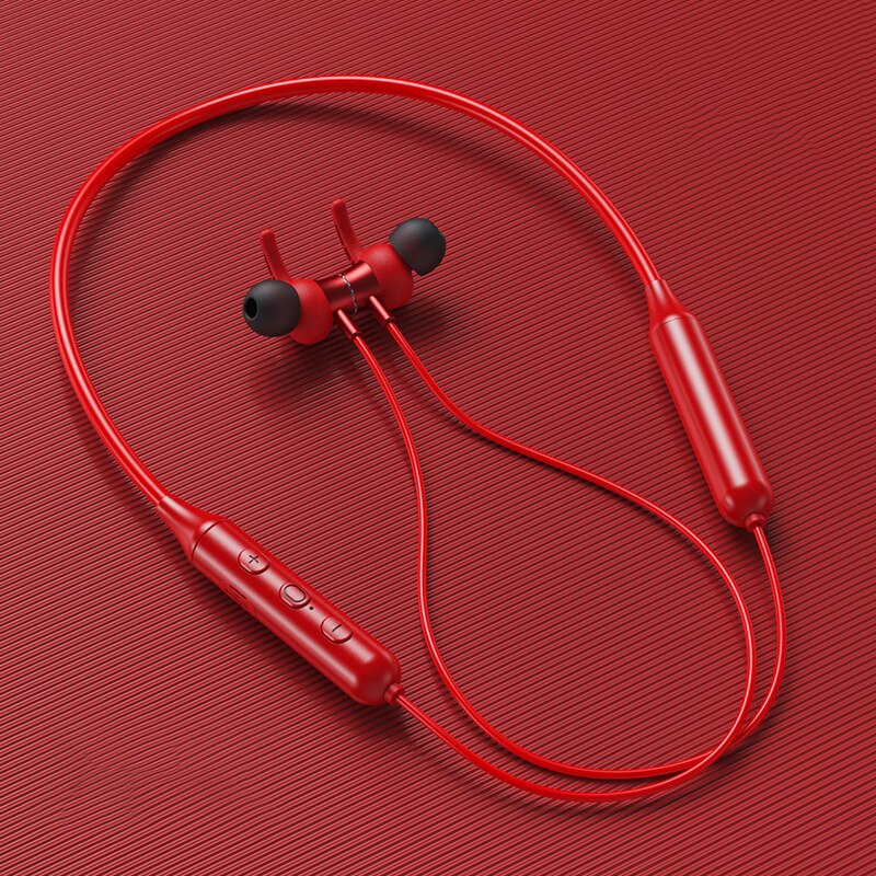 Swalle Bluetooth 5.0 Wireless Sports earphone Stereo Subwoofer Hanging Neck Hanging Metal Magnetic Bluetooth Headphone: Red