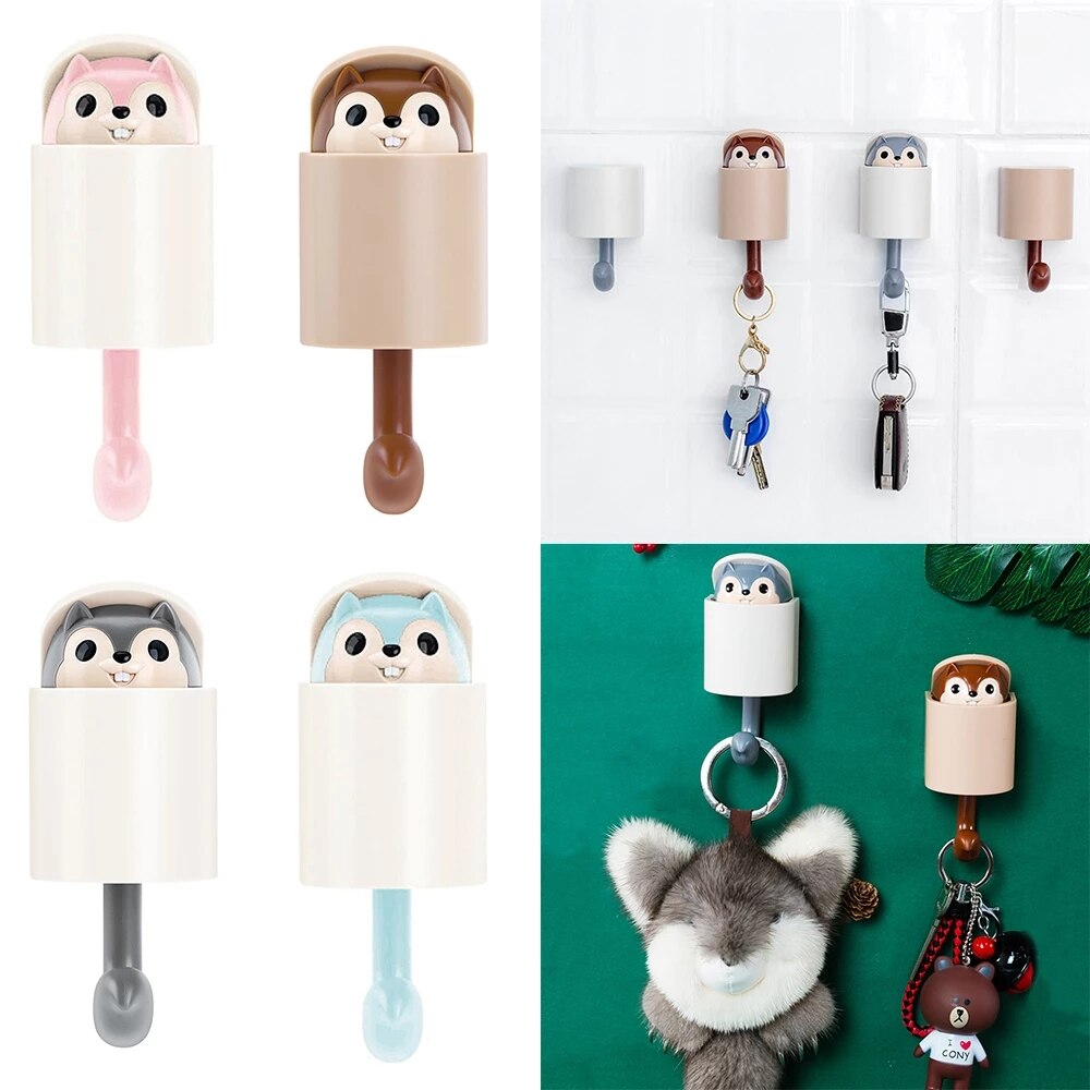 Invisible Squirrel Lucky Cat Hook Strong Sticky Cartoon Umbrella Key Hangers Adhesive Wall Decorative Hooks Sundries Organizer