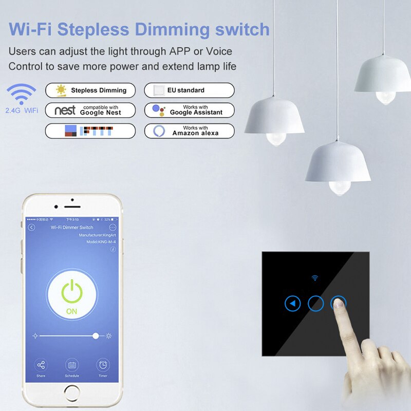 ACUS – interrupteur tactile wifi, 1 bouton, 1 voie, pour luminaire mural, lumière à intensité réglable, compatible avec Alexa et Google Home Assistant, standard ue