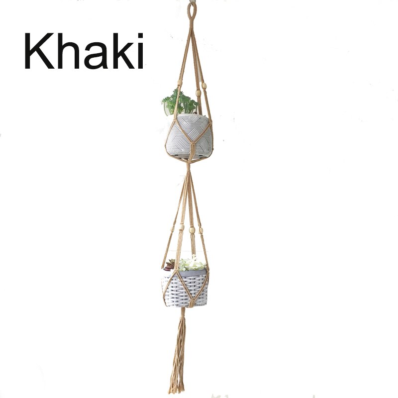 Färgglad dubbellagers växthängare krukhängare kruktråg växthållare makrame växthållare: Kaki