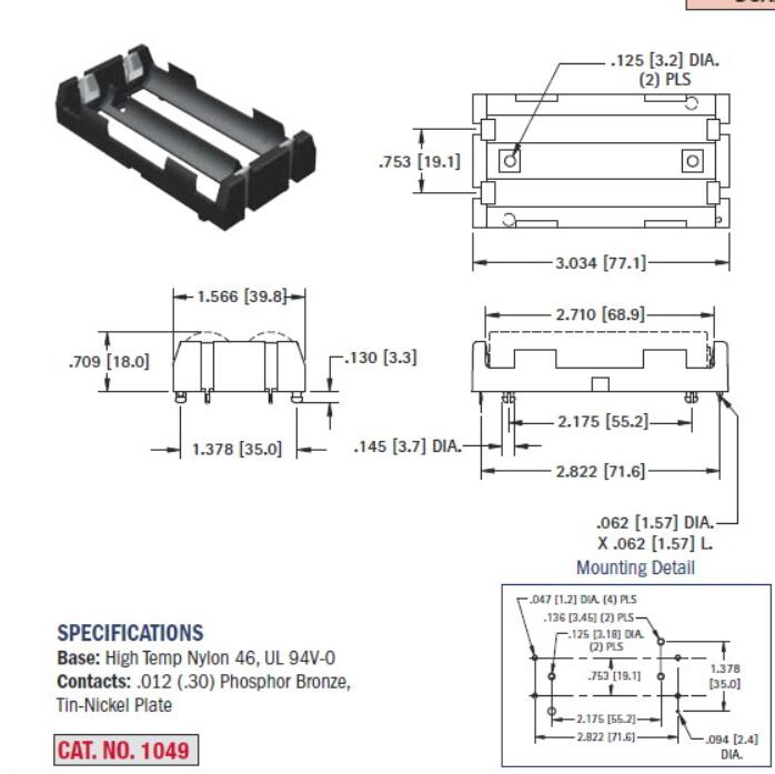 20PCS Battery box 18650 2 sections in series and parallel pin hollow 1049 plug-in battery holder battery buckle h