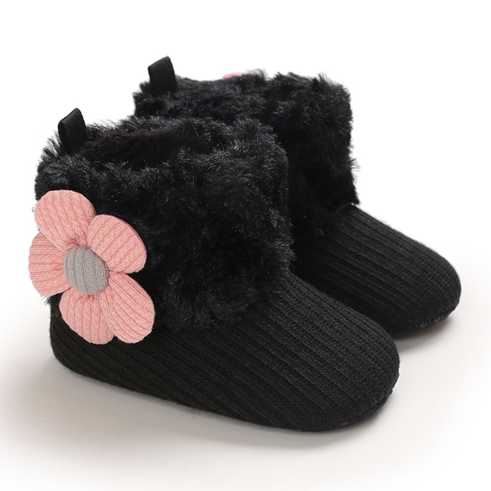 Babymeisjes sneeuwlaarzen winter warm mooie zachte imitatiebont gebreide bloemenlaarsjes antislip baby prewalkers 0-18m: Zwart / 0-6 maanden