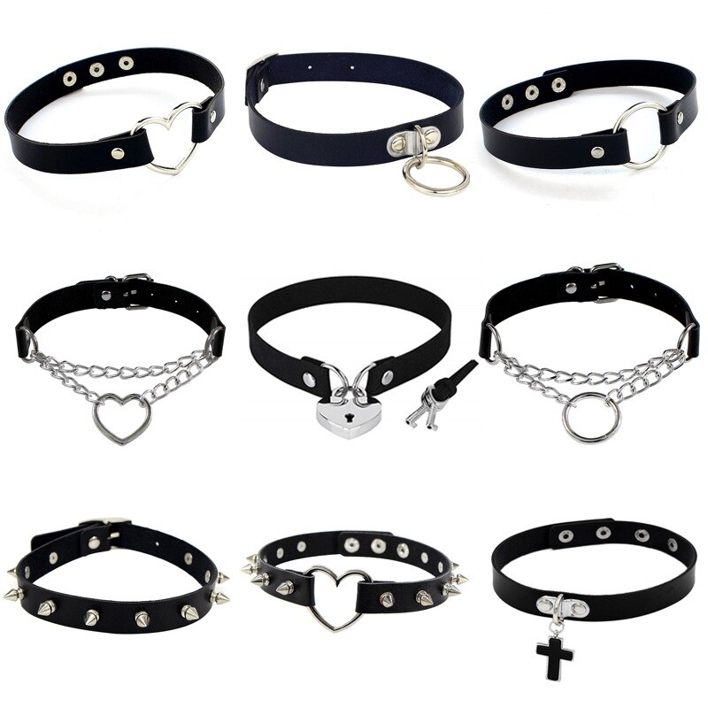 Punk Rock collana in pelle PU gotica cuore tondo Spike rivetto colletto con borchie girocollo collana a catena regalo fatto a mano gioielli per il corpo