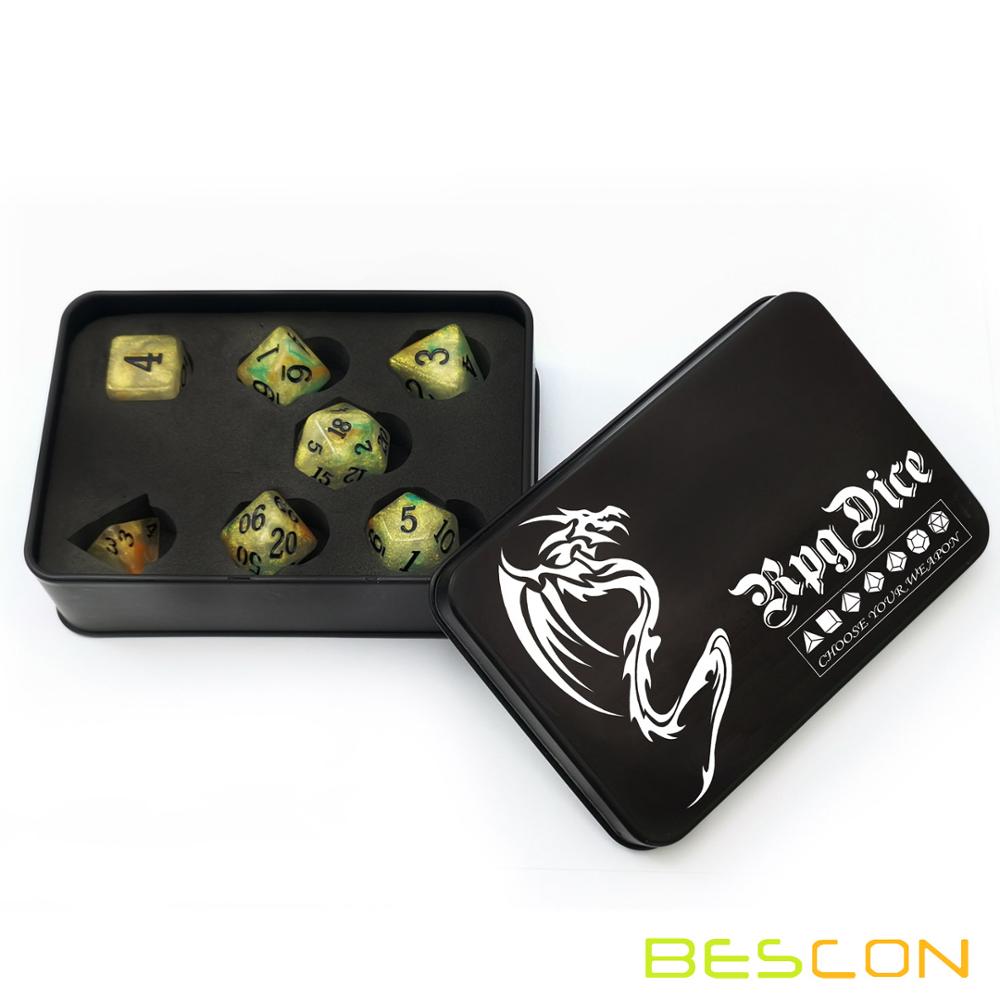 Bescon Magical Stone Dice Set Series, 7pcs Polyhedral RPG Dice Set Fairy Spirit, RoseQuartz, Gold Ore, Dragon Eyes: Gold Ore Tinbox