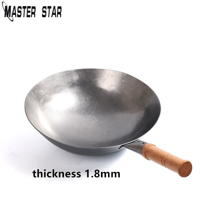 Master Star Traditional Iron Wok 100% Handmade Deep Wok Wooden Handle Non-stick Wrought Iron Kitchen Cookware: 32 cm