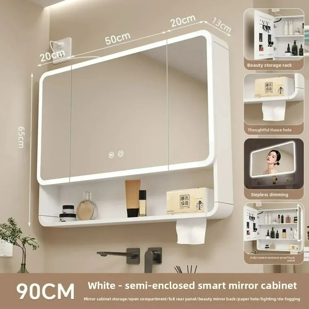 LED Bathroom Mirror Cabinet Anti Fog Wall Mounted Storage Mirror Carbon Fiber Rounded Corner Makeup Mirror