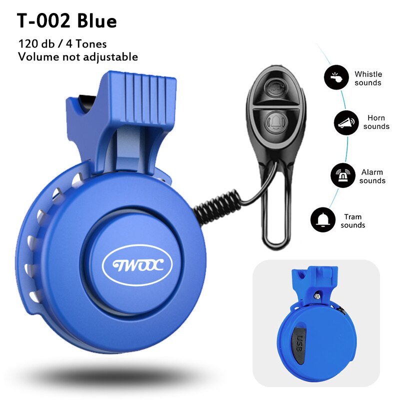 Timbre de bicicleta eléctrico IP65, claxon para bicicleta eléctrica, resistente al agua, recargable por USB, 120dB, 4 modos, accesorios para bicicleta: T-002 Blue