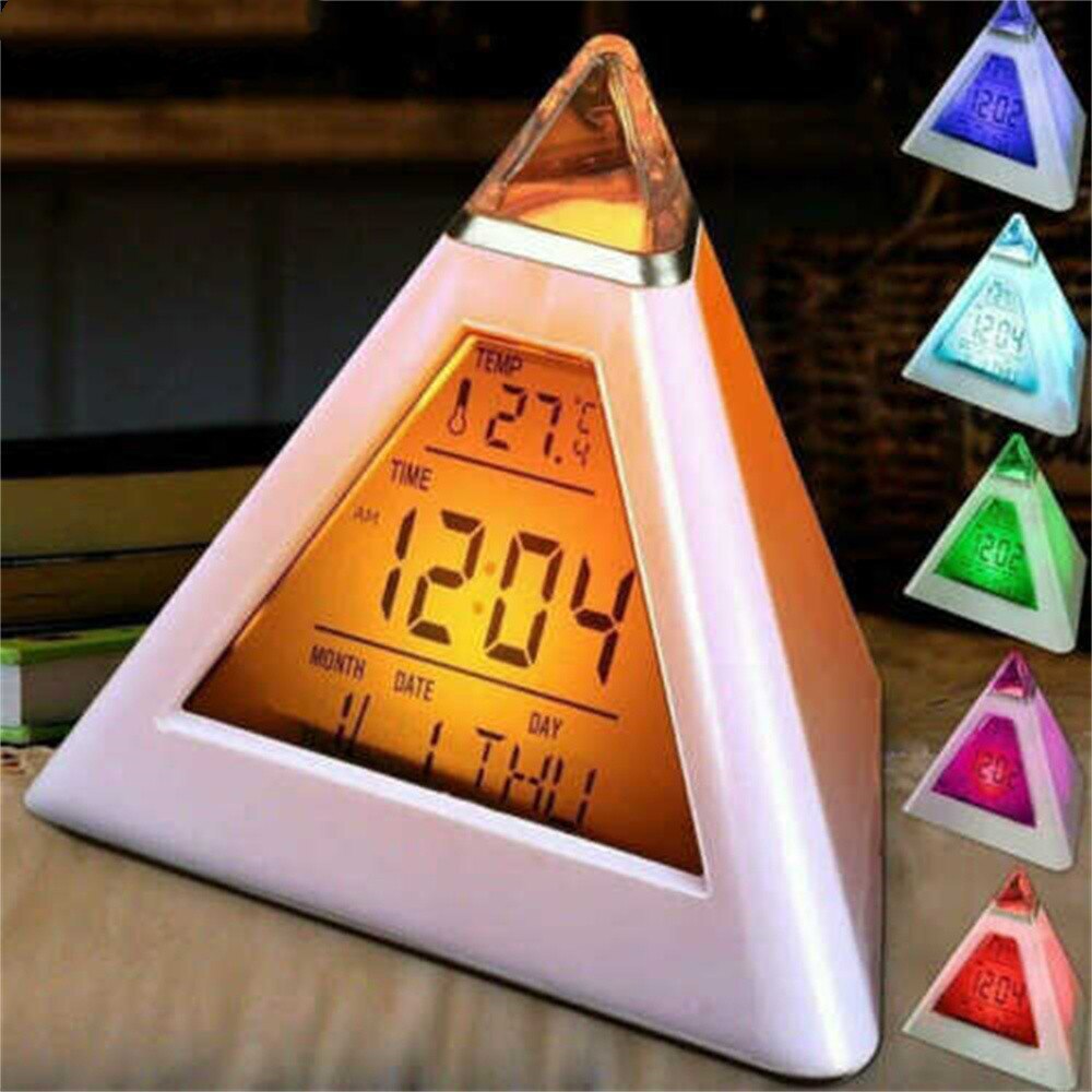 Digitale Wekker 7 Kleuren Piramide Lcd Wekker Nachtlampje Thermometer Bureau Tafel Klok Kalender Timer Led Wekkers: Default Title