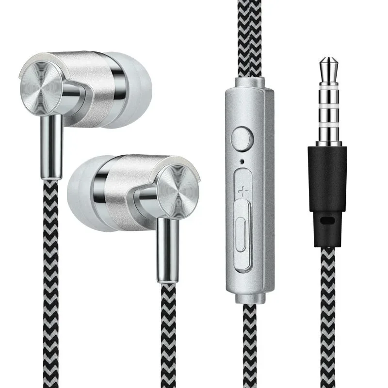 3,5 mm in-ear stereo oordopjes hoofdtelefoon bedraad nylon geweven kabel oortelefoon headset met microfoon voor telefoons tablet laptop universeel: Zilver