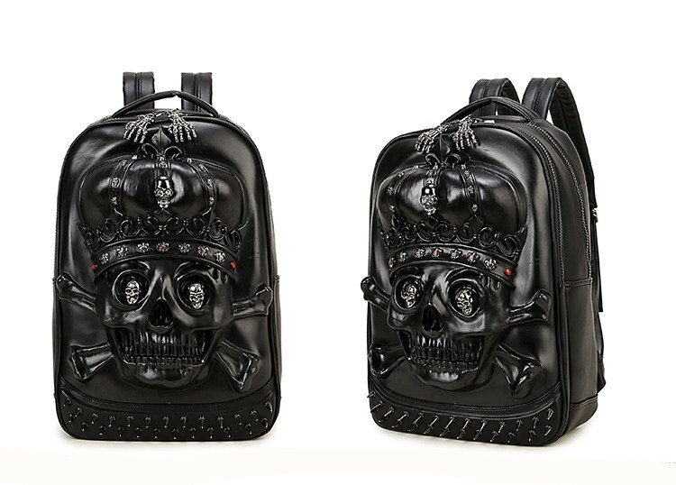3D Gothic Crown Skull Rivet Backpack Men Personality Travel Backpack Motorcycle Ride Unique: black