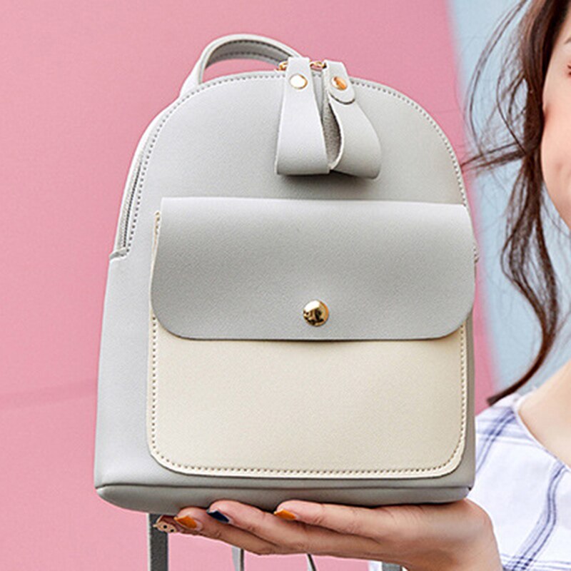 Summer Small Leather Patchwork Backpack Korean Student Backpack Casual Mini Girl Small Backpack: light grey