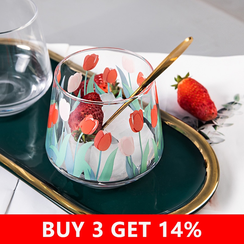 390ml japan og sør-korea håndmalt tulipan blomst glass kopp husholdning varmebestandig drikkekopp stor mage mousse kopp