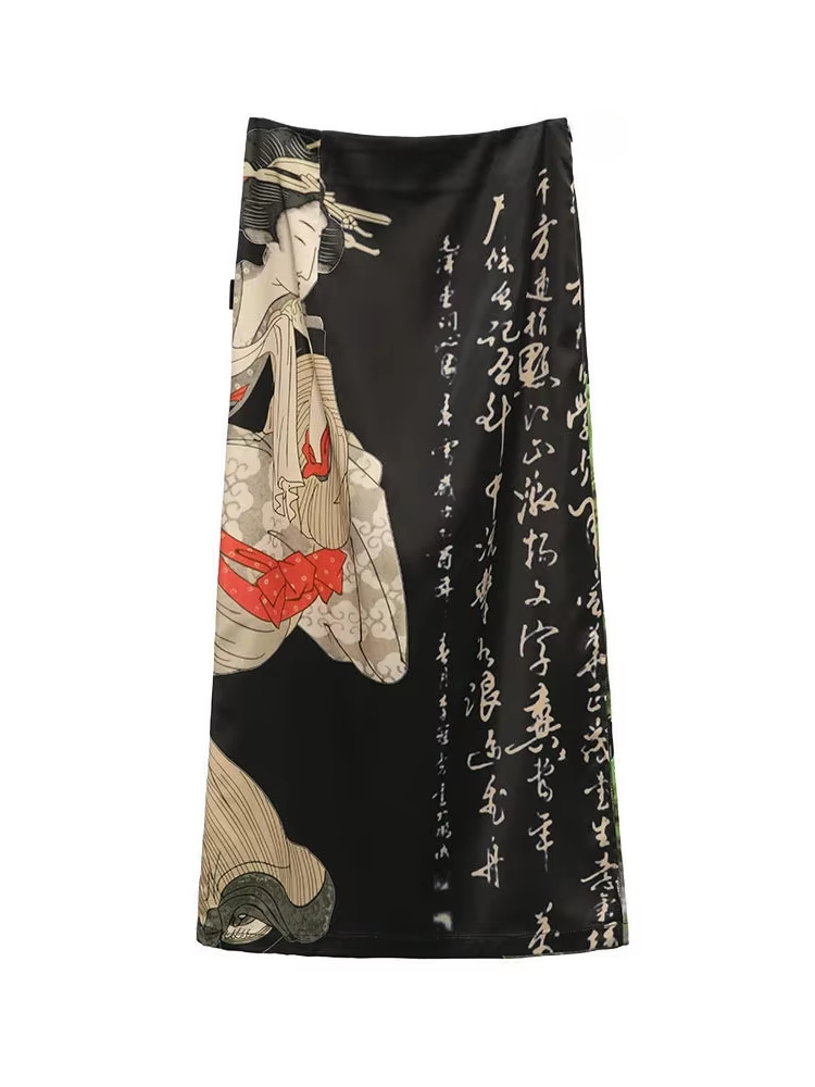 Faldas con estampado negro Tie Dye de estilo japonés para Mujer, Falda larga dividida acampanada, ropa de calle Harajuku, Faldas góticas para Mujer Y2k Saia Fairycore: XL