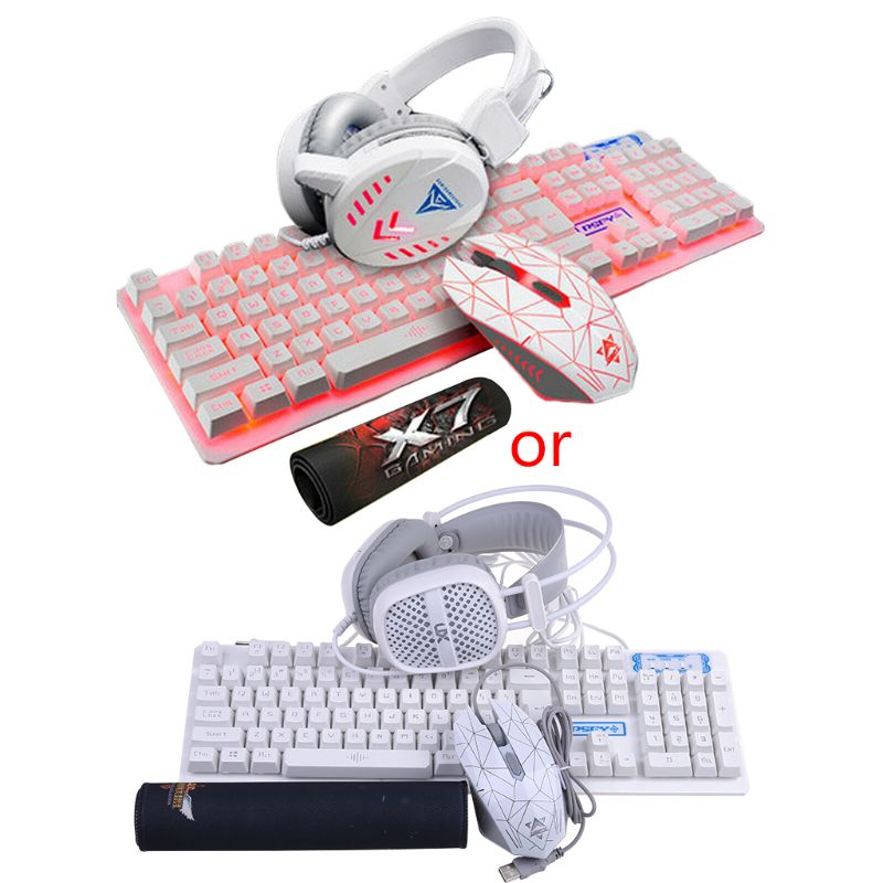 4Pcs/Set K59 Wired USB Keyboard Illuminated Gaming Mouse Pad Backlight Headset L4MD: White