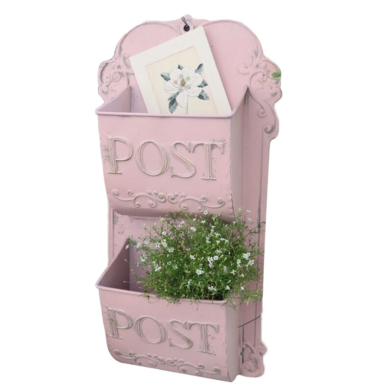 Outdoor Wall Mounted Mailbox Metal Letter Box French Rural Style Wind Storage Box Home Decoration Leaving Message: Pink