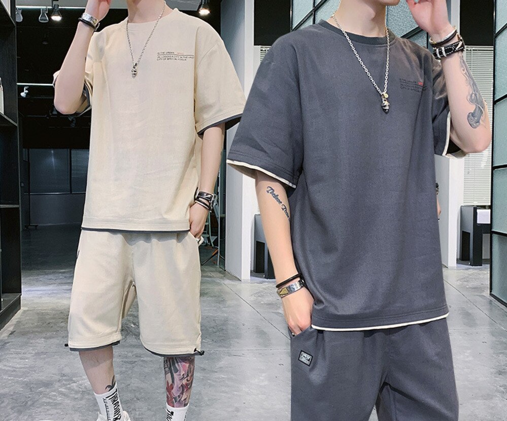 Men's Summer Short-sleeved Sport Suit Sport Running Two-piece Suit Loose Casual Solid Fitness Suit