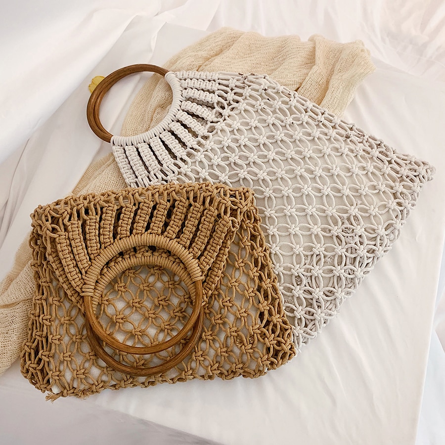 Vintage handtassen met houten handvat voor dames, rieten geweven holle damestassen, grote tassen, casual zomer strandtas, grote reistas
