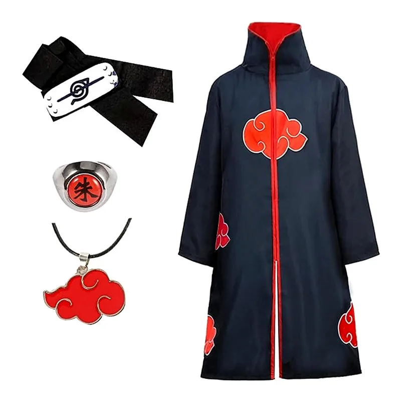 Disfraz de Anime Ninja, bata de organización del amanecer de Halloween, capa de nube roja bordada, bata negra Unisex, anillo con collar: L / Negro