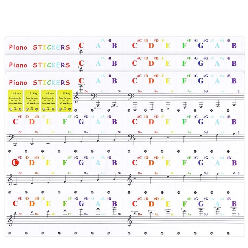 3 Pack Piano Keyboard Stickers for Beginners for 88/61/49/37 Keyboards - Removable and Transparent