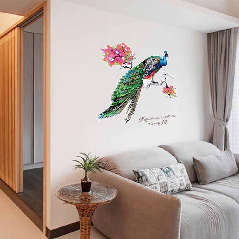 Farverig påfugl på en trægren wallstickers stue soveværelse dekoration baggrund vægmaleri kunst decals aftagelige klistermærker