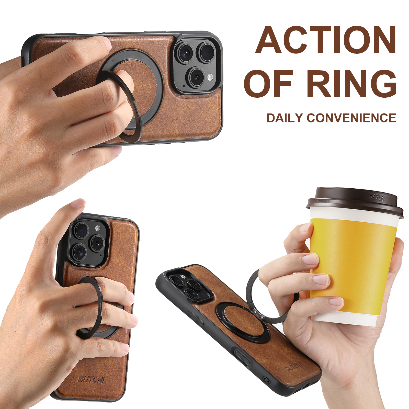 SUTENI-Coque de téléphone en cuir PU avec support rotatif à 360 °, avertisseur d'huile, chargement sans fil, compatible avec iPhone 16 Pro Max, 15 Plus, 14 Pro, 13, 12