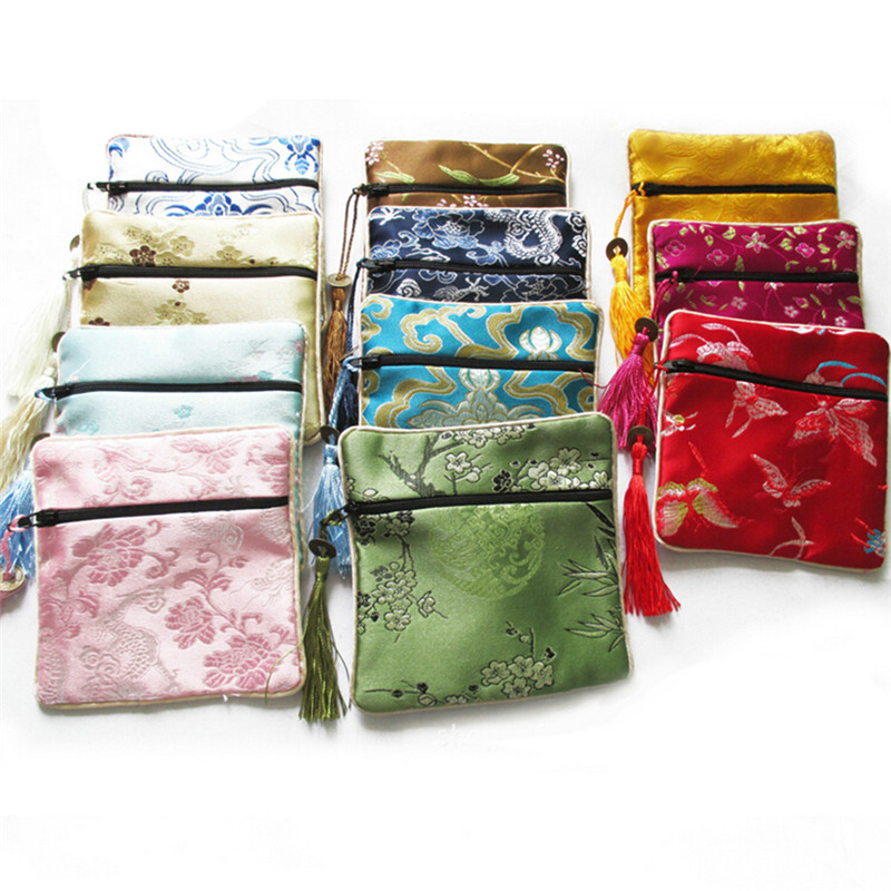 10PCS Mix Farben Chinesische Zipper Münze Quaste Seide Platz Schmuck Taschen Beutel