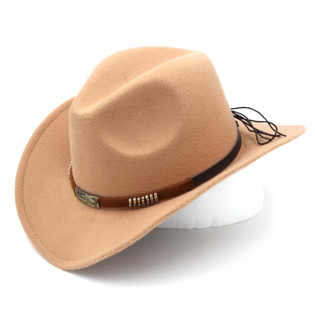 Mistamanecer Estilo Vintage Otoño Invierno sombrero de cowboy del oeste de ala ancha Cowgirl Riding Cap con banda trabajada a mano tamaño 56-58cm