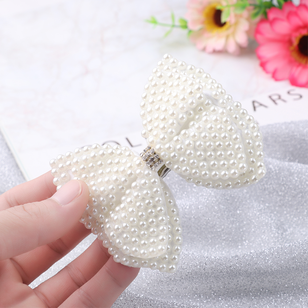 Pince à cheveux perle blanche pour filles | 1 pièce, avec couches de Boutique en strass, nœuds centraux, épingles à cheveux, accessoires pour cheveux