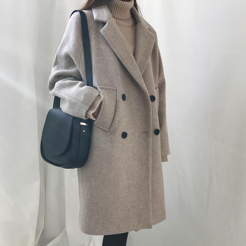 Koreaanse winterwoljas voor dames, grijze jassen met lange mouwen en jassen voor dames, wollen trenchcoat voor dames, plus size xxl