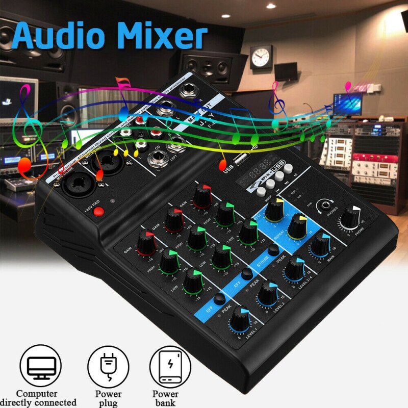 4 Channels Mini USB Audio Mixer Amplifier Console Bluetooth Record Phantom Mixer With Sound Card Mixer Live Studio Audio Mixing