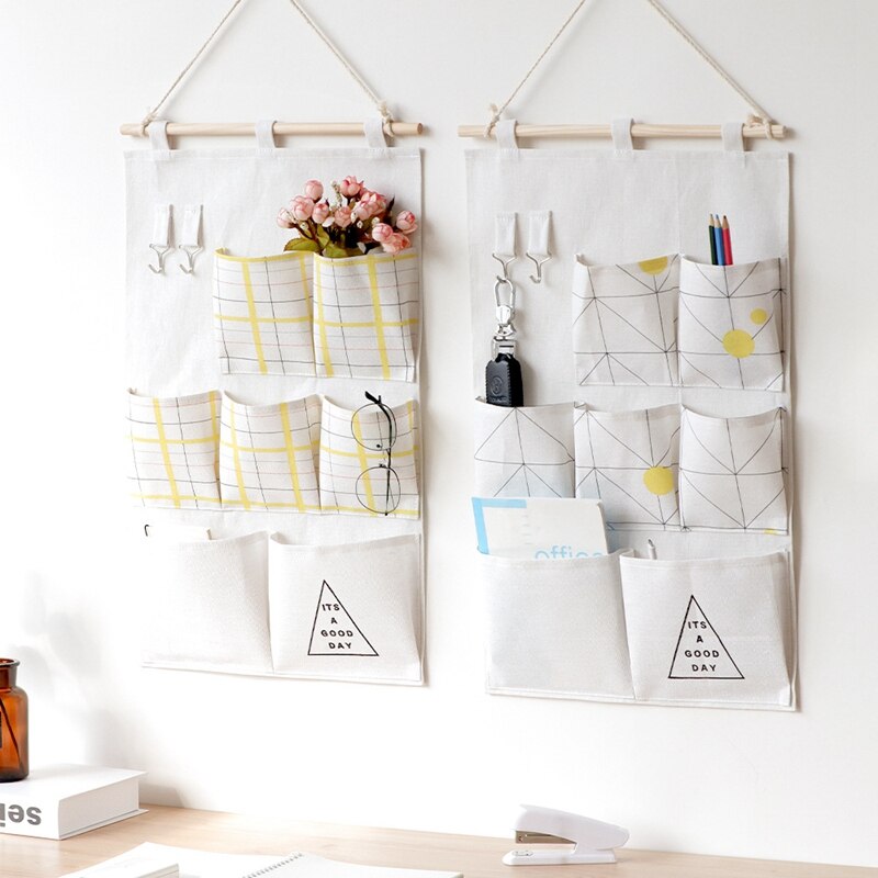 Cotton and Linen Wall-Mounted Storage Bag 7Pouch Hanging Pokcet with Hook Bedroom Door Household Toys Sundries Container