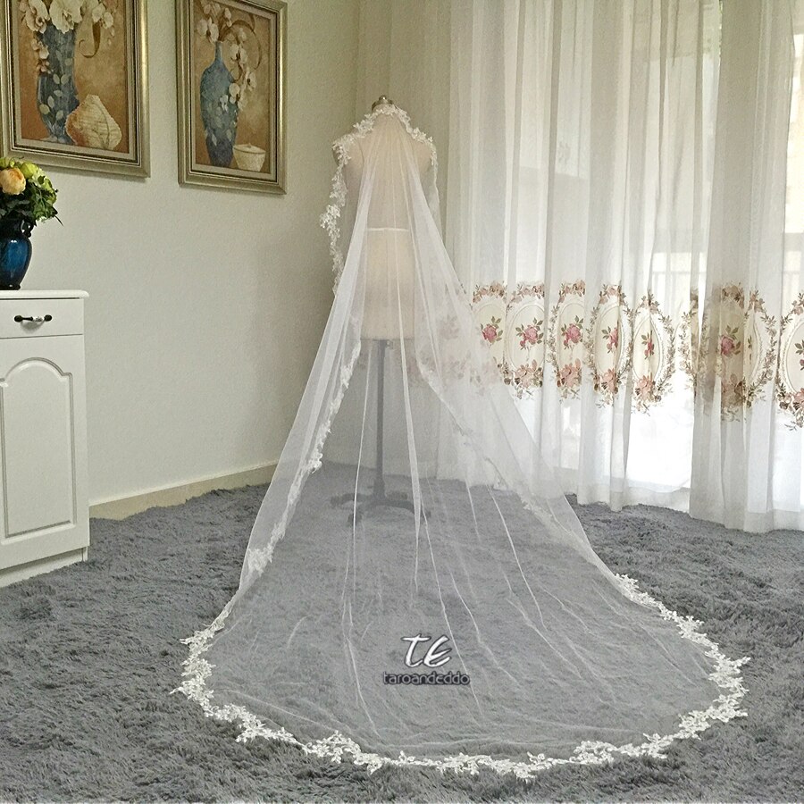 3m kathedraallengte kanten rand applicatie lange bruidshoofd sluier met kam bruidsaccessoires bruidsmantilla bruidssluier