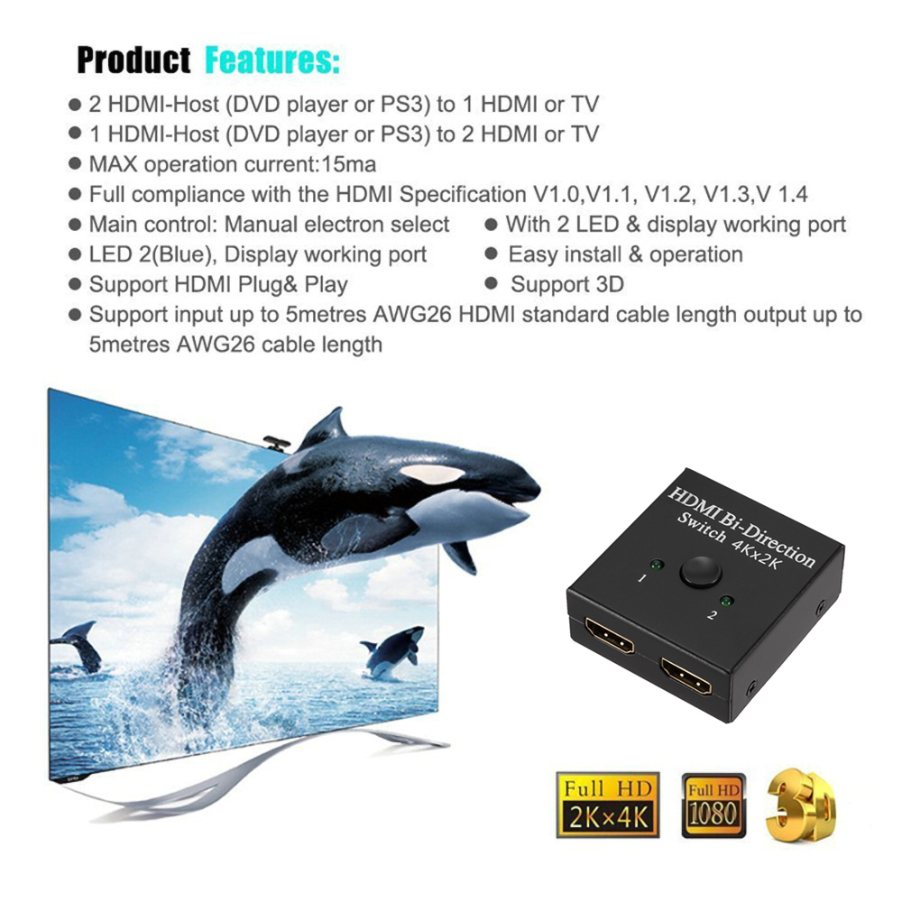 1x2 4K HDMI Switch 2 Ports Bi-directional 2x1 HDMI Switcher Splitter Supports Ultra HD 4K 1080P 3D HDR HDCP for PS4 Xbox HDTV