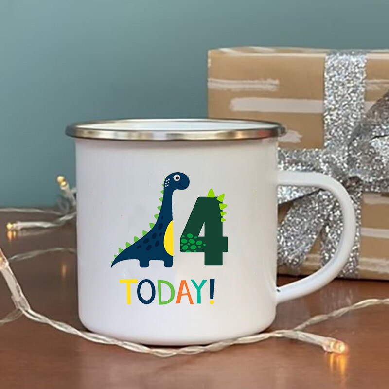 Dinosaurier Geburtstag Anzahl Drucken Becher Kreative Wasser Saft Tasse Trinken Nachtisch Milch Emaille Becher Griff Getränk freundlicher Geburtstag: XH1796-A015WH-8