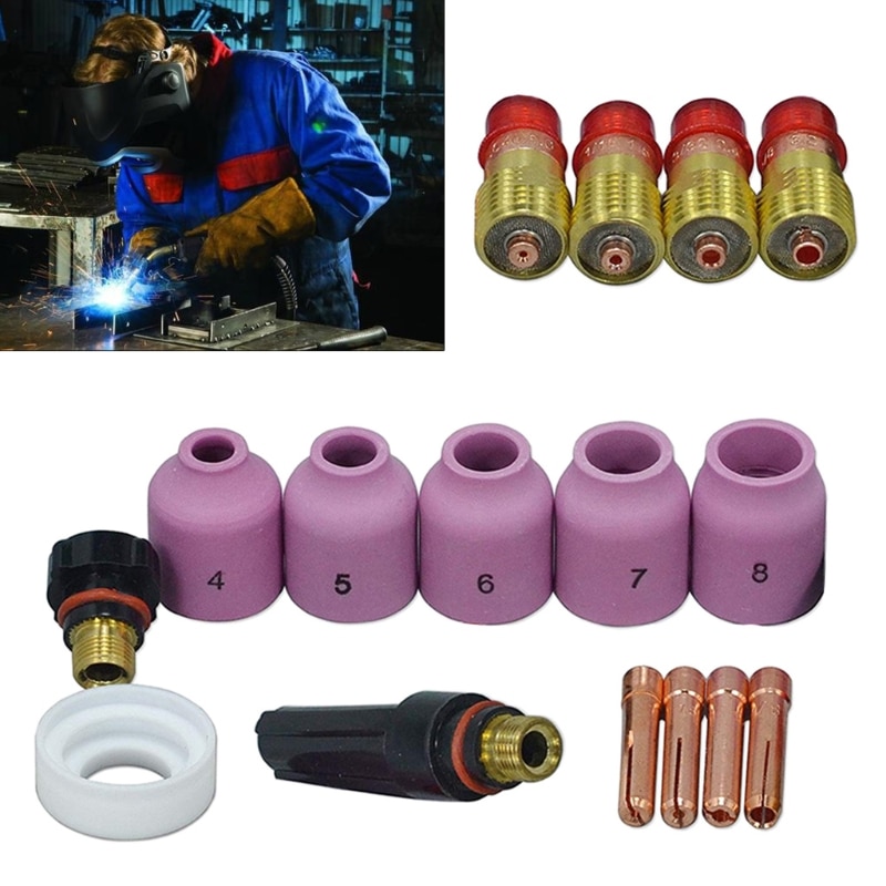16pcs TIG Welding Torch Stubby Gas Lens Kit Cup Collet Body Nozzle for WP 17/18/26 Welding Machine Accessories