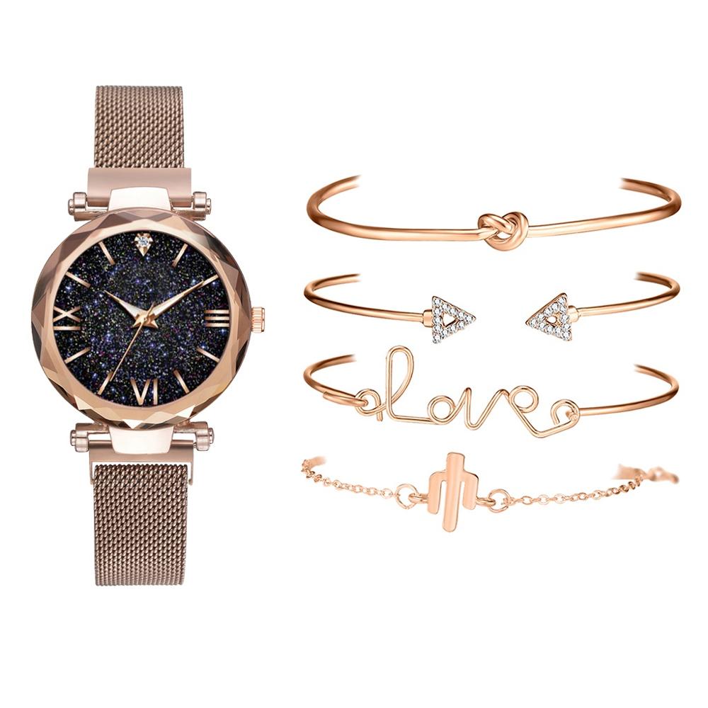 5pcs Set Luxury Women Watches Magnetic Starry Sky Female Clock Quartz Wristwatch Ladies Wrist Watch Relogio Feminino: Rose Gold 5pcs Set