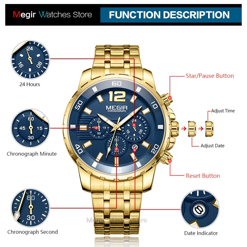 Megir Mannen Goud Rvs Quartz Horloges Business Chronograaf Analgue Horloge Voor Man Waterdichte Lichtgevende 2068GGD-2N3