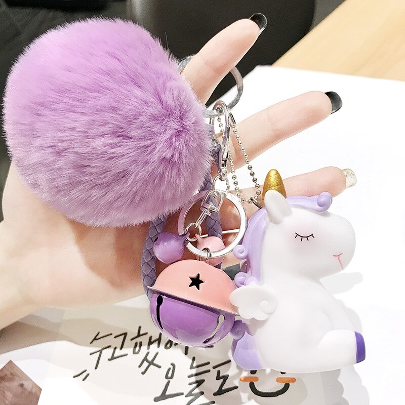 hiver coloré ceinture corde pompon lapin fourrure boule licorne avec cloches moelleux lapin porte-clés femmes sac pendentif voiture porte-clés: Pompom4