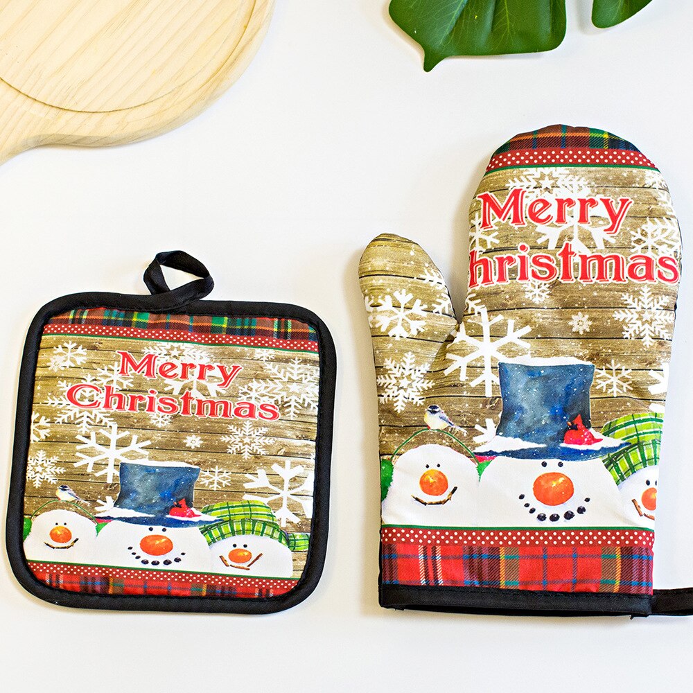 Fashionable Christmas Kitchen Utensils Printed Oven Gloves High Temperature Scalding Microwave Oven Heat Insulation Glove Set: 7