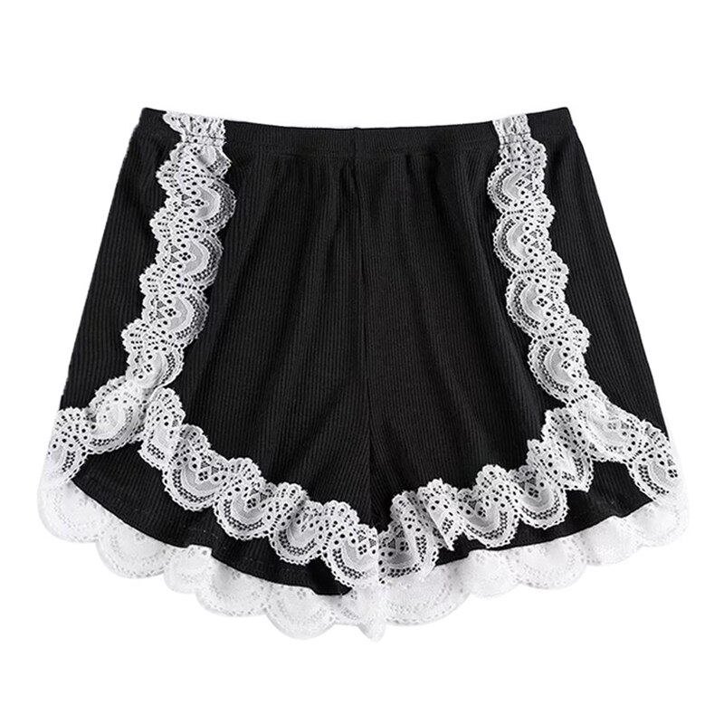 FUFUCAILLM-pantalones cortos de seguridad para mujer, pantalón adelgazante con dobladillo de encaje, cintura alta, antisnooping, ropa de verano para el hogar: Negro / S