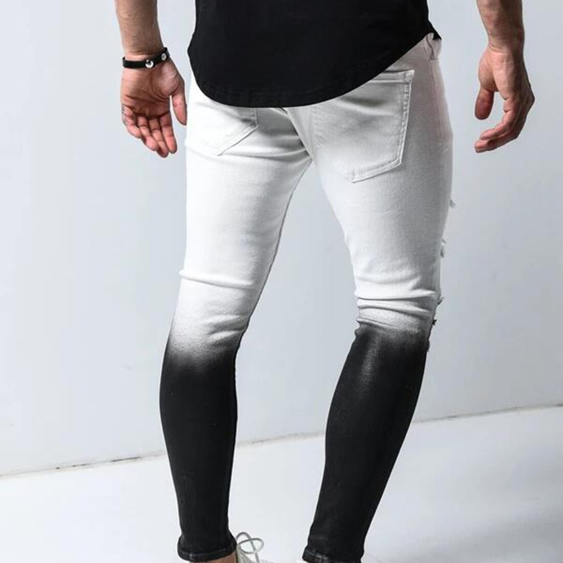 UEFEZO dégradé couleur déchiré jean hommes décontracté coupe étroite jean Slim Homme moteur motard Hip Hop fermeture éclair Denim pantalon pantalon