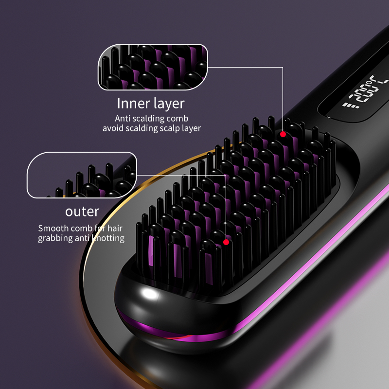 Peine de pelo liso con calefacción USB LCD eléctrico, herramienta de estilismo de iones negativos portátil inalámbrica, cepillo alisador recargable