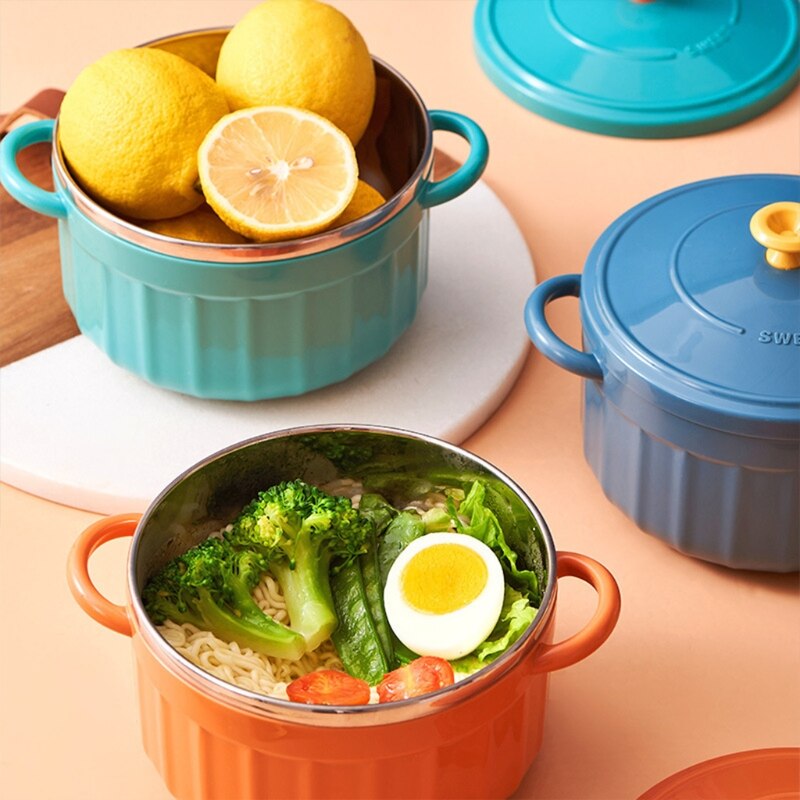 Handheld Bowl Anti-scald Noodle Soup Rice Ramen Bowl w 2 Handle Japanese Style Kitchen Tableware Blue/Cyan/Orange/Yellow