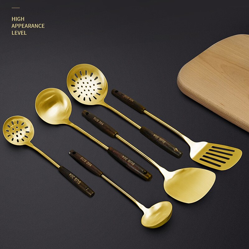 6 PCS Cooking Utensils Golden Stainless Steel Kitchenware Set With Wooden Handle Household Kitchen Cookware Sets Pot Accessories