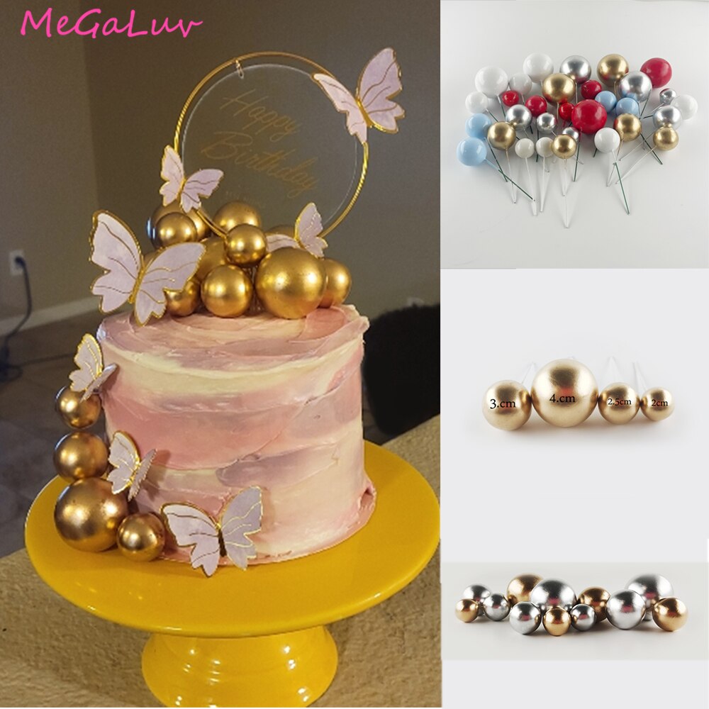 20pcs Golden Ball Cake Topper Happy Birthday Baby Baptism Cake Decoration Diy Cupcake Wedding Party Decoration Supplies