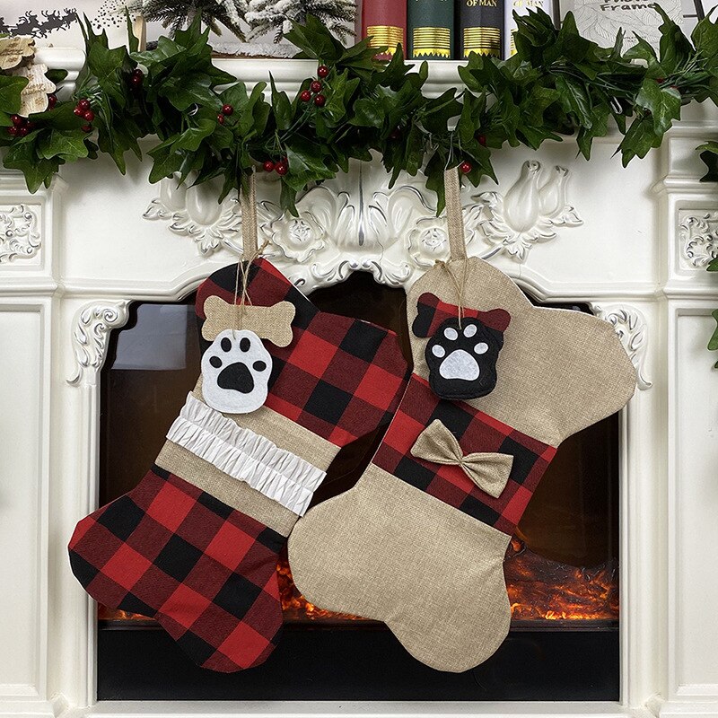 Bas de noël sac toile de jute Plaid os en forme de c suspendus chaussettes de noël sac de bonbons fournitures de fête WXV