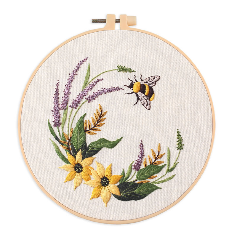 Borduurpakket met bijen en bloemen, geschikt voor beginners, met engelse instructies.: 20*30cm / Blauw