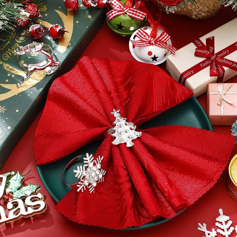 16Pcs Zilver Kerst Servetringen Sneeuwvlok Servetringen Decor Kerst Herten Servet Houders Bladeren Tafel Ringen Decor