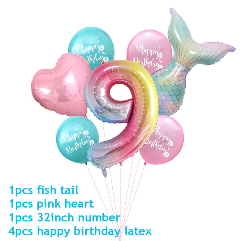 7pcs/lot Mermaid Party Balloons Number Foil Balloon Kids Birthday Party Decorations Baby Shower Decor Helium Globos supplies: 9