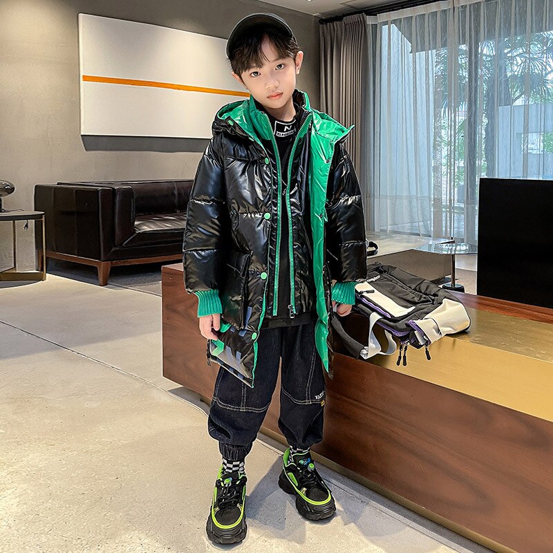 Veste d&#39;hiver russe pour enfants, Parka pour garçons, vêtements noirs brillants, manteaux imperméables à capuche, vêtements d&#39;extérieur mi-longs pour adolescents de 4 6 8 10 12 ans